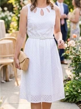 Vintage Signature by Sangria Elegant White Eyelet Midi Dress w Cutout Neckline